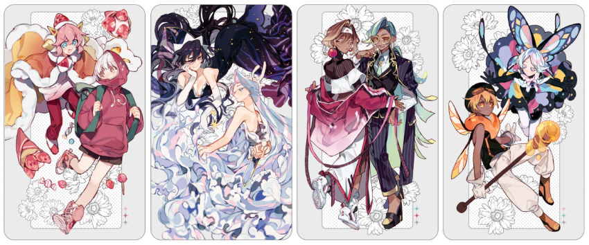 2boys, 6+girls, amber_sugar_cookie, aqua_hair, bee_wings, black_gloves, black_hair, black_vest