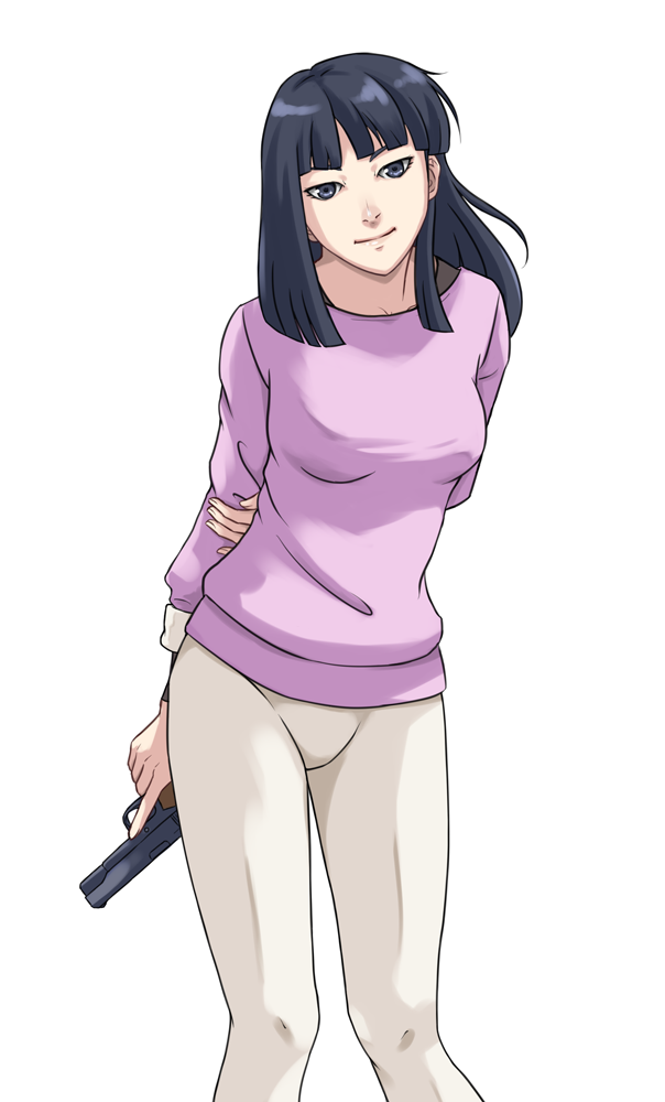bangs, black_eyes, black_hair, blunt_bangs, casual, colt_m1911, face, gun