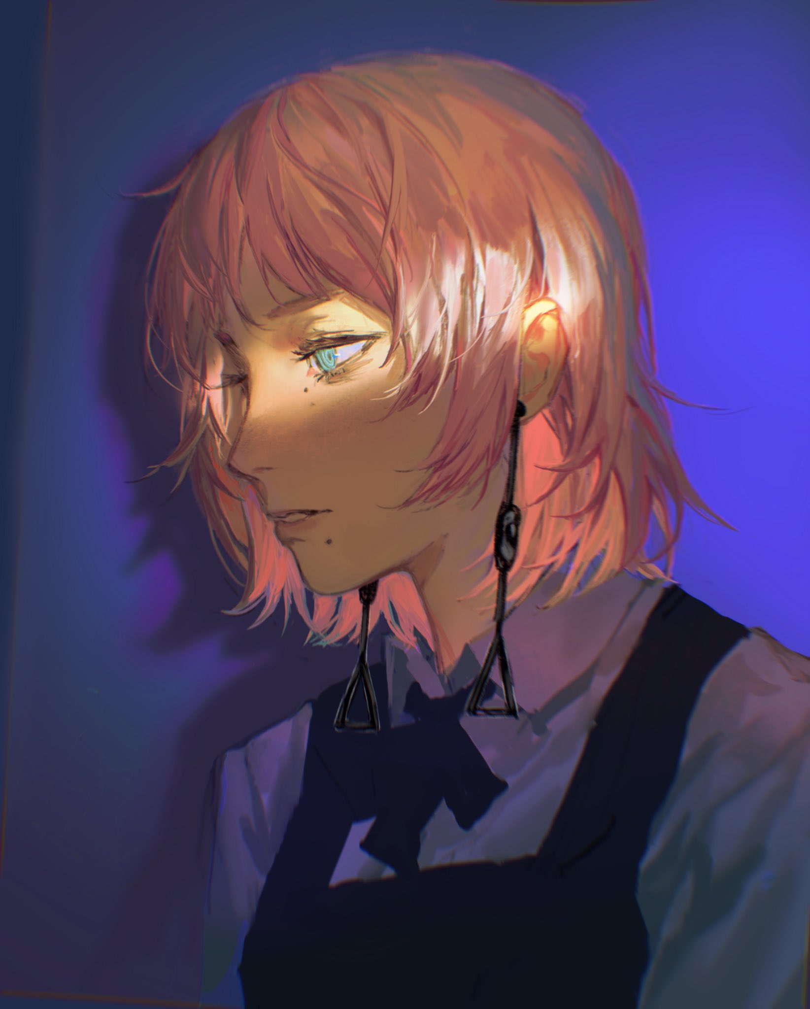 1girl, artist_name, black_ribbon, blue_background, blue_eyes, chainsaw_man, collared_shirt, dark