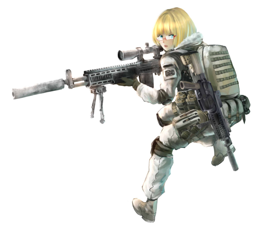 1girl, backpack, bag, battle_rifle, bipod, blonde_hair, boots, combat_boots