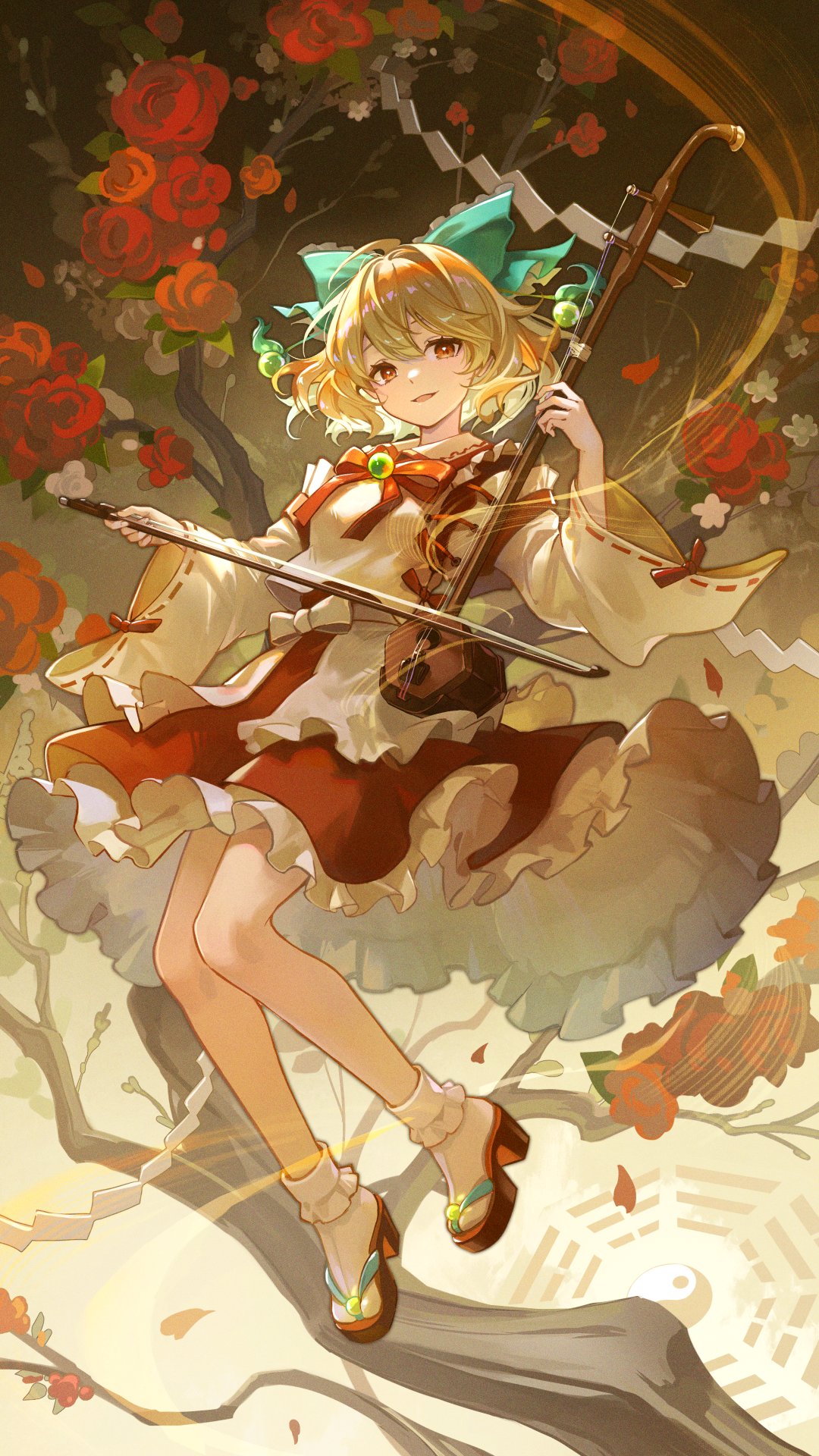 1girl, adapted_costume, blonde_hair, bobby_socks, bow, bow_(music), commentary_request, detached_sleeves