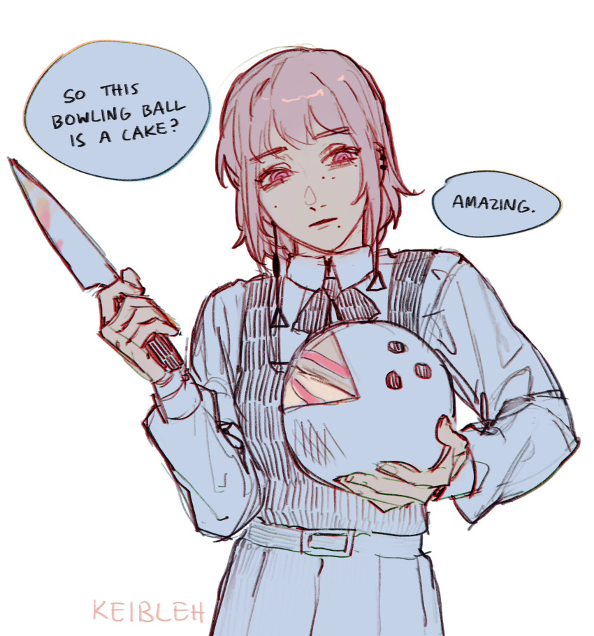 1girl, ball, bowling_ball, cake, cake_or_fake_(meme), chainsaw_man, closed_mouth, english_text