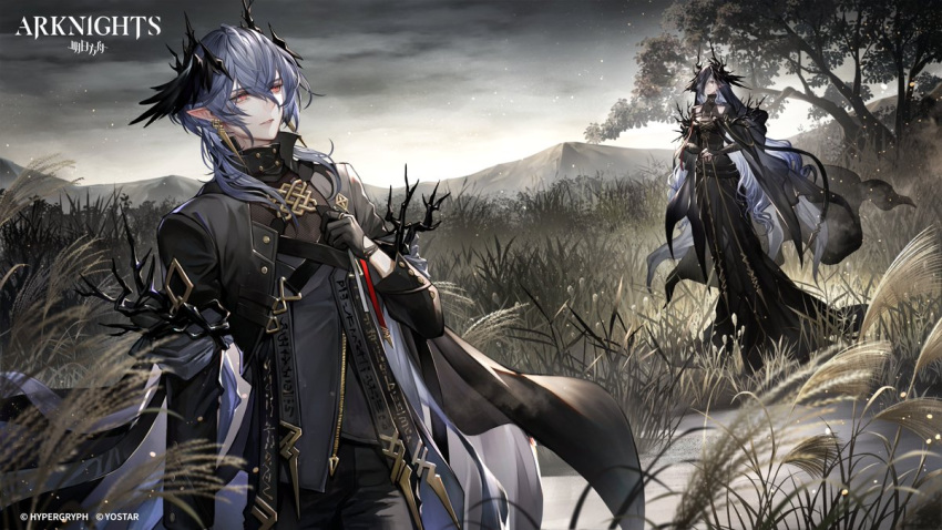 1boy, 1girl, arknights, black_dress, black_gloves, dress, earrings, feather_hair_ornament