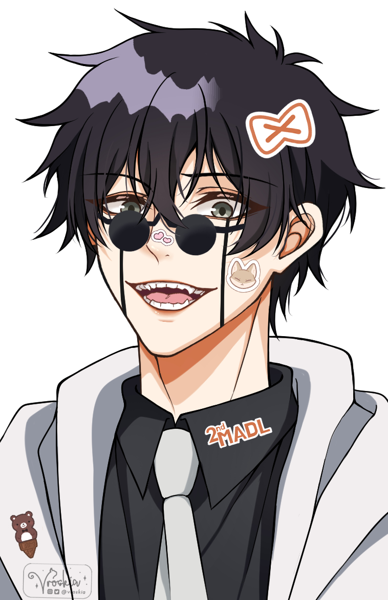 1boy, black_hair, black_shirt, collared_shirt, looking_at_viewer, mashle, necktie, open_mouth