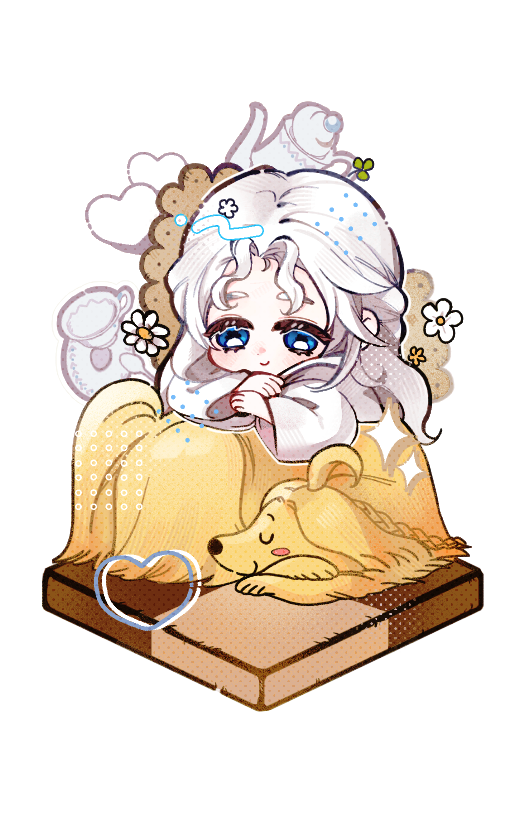 1girl, afghan_hound, argos_(ff14), arm_rest, blue_eyes, blush_stickers, c:, chibi, chibi_only, closed_eyes, commentary_request, cookie, cup, dog, final_fantasy, final_fantasy_xiv, flower, food, heart, korean_commentary, leaning_on_animal, long_hair, looking_at_viewer, muanew11, outline, robe, simple_background, smile, sparkle, teacup, teapot, transparent_background, u_u, venat_(ff14), wavy_hair, white_flower, white_hair, white_outline, white_robe, wide_sleeves