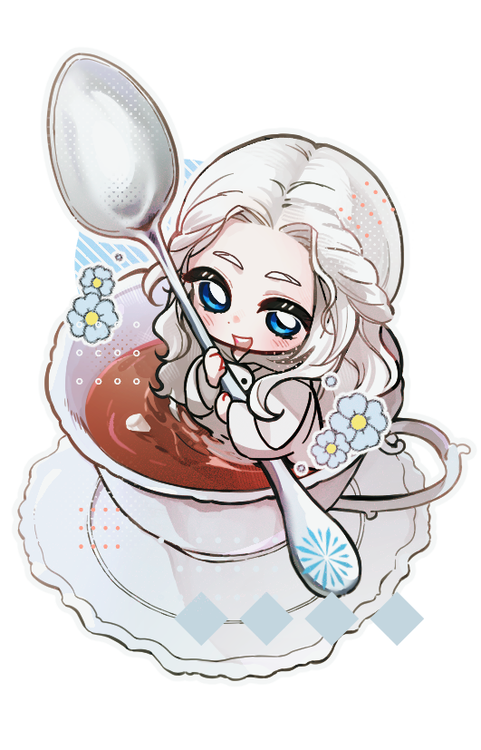 1girl, :d, blue_eyes, blue_flower, braid, chibi, chibi_only, commentary_request, cup, drink, final_fantasy, final_fantasy_xiv, flower, from_above, full_body, half_updo, halftone, holding, holding_spoon, hood, hood_up, hooded_robe, in_container, in_cup, korean_commentary, long_hair, looking_at_viewer, mini_person, minigirl, muanew11, outline, partially_submerged, robe, saucer, simple_background, single_braid, smile, solo, sophist's_robe_(ff14), spoon, tea, teacup, transparent_background, venat_(ff14), wavy_hair, white_hair, white_outline, white_robe, wide_sleeves
