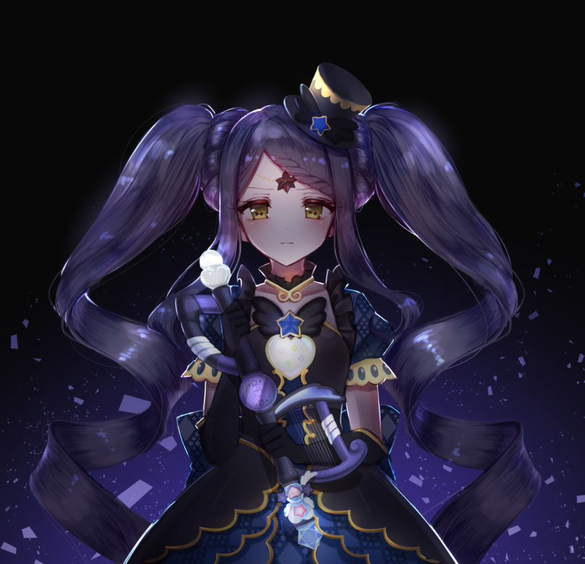1girl, black_dress, black_gloves, black_hat, blue_hair, boo_1, braid, braided_bangs, closed_mouth, cowboy_shot, dress, elbow_gloves, garara_s_leep, gloves, gold_trim, hat, head_chain, headphones, holding, holding_microphone, idol_time_pripara, jewelry, long_hair, looking_at_viewer, microphone, mini_hat, pretty_series, pripara, sidelocks, solo, symbol-shaped_pupils, third-party_source, twintails, very_long_hair, yellow_eyes