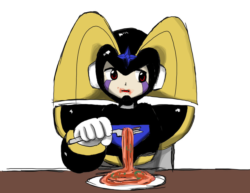 armor, bass_(mega_man), black_armor, chest_jewel, food, fork, highres, holding