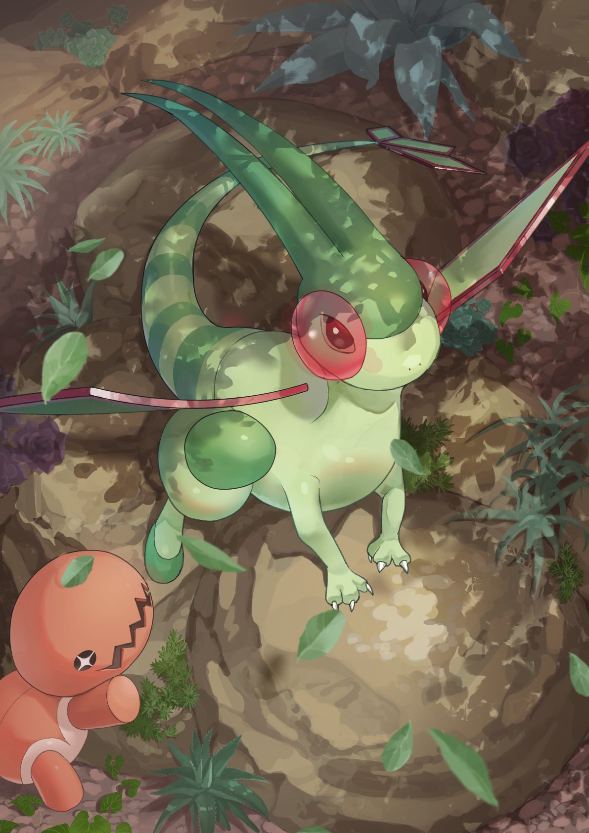 colored_skin, dragon, evolutionary_line, flygon, from_above, green_skin, green_tail, green_wings