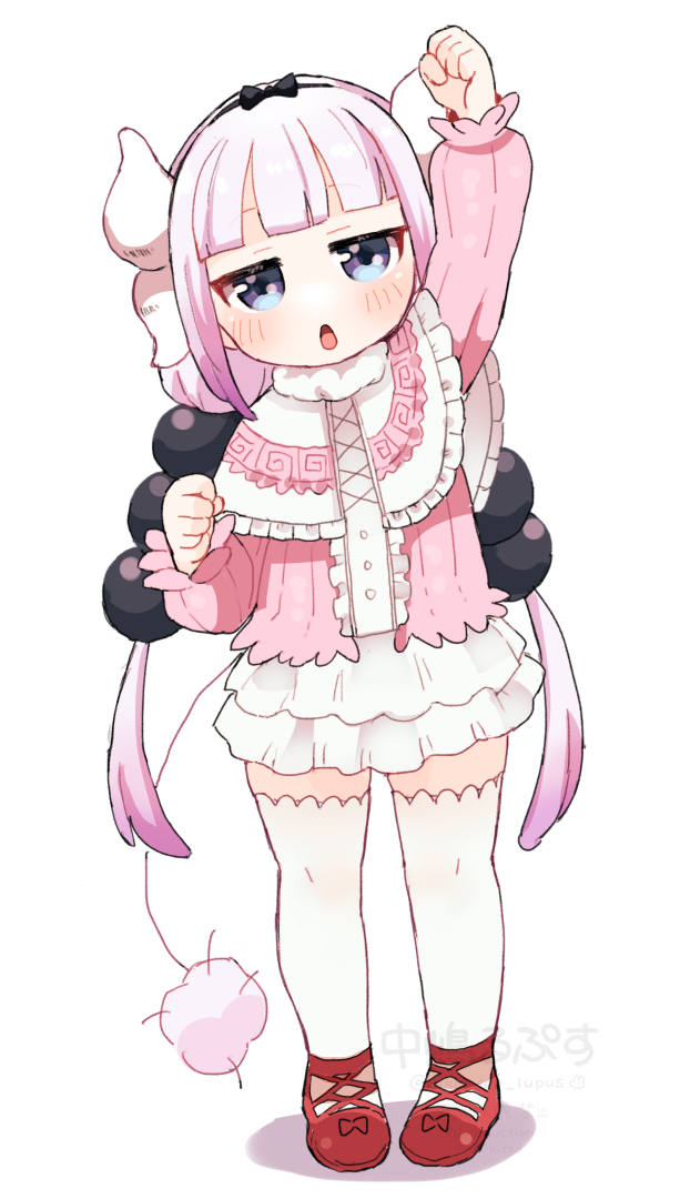 1girl, arm_up, beads, blue_eyes, blush, dragon_girl, dragon_horns, full_body, hair_beads, hair_ornament, horns, kanna_kamui, kobayashi-san_chi_no_maidragon, long_hair, looking_at_viewer, low_twintails, nakajima_lupus, open_mouth, pink_hair, pink_shirt, shirt, skirt, solo, tail, thigh-highs, twintails, white_thighhighs, zettai_ryouiki