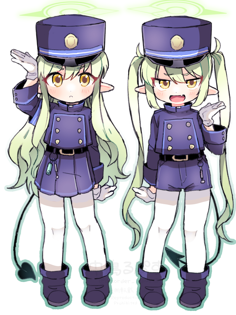 2girls, armband, blue_archive, blue_armband, demon_tail, fang, full_body, gloves
