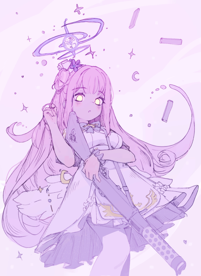 1girl, angel_wings, blue_archive, blush, capelet, cowboy_shot, crescent, dress