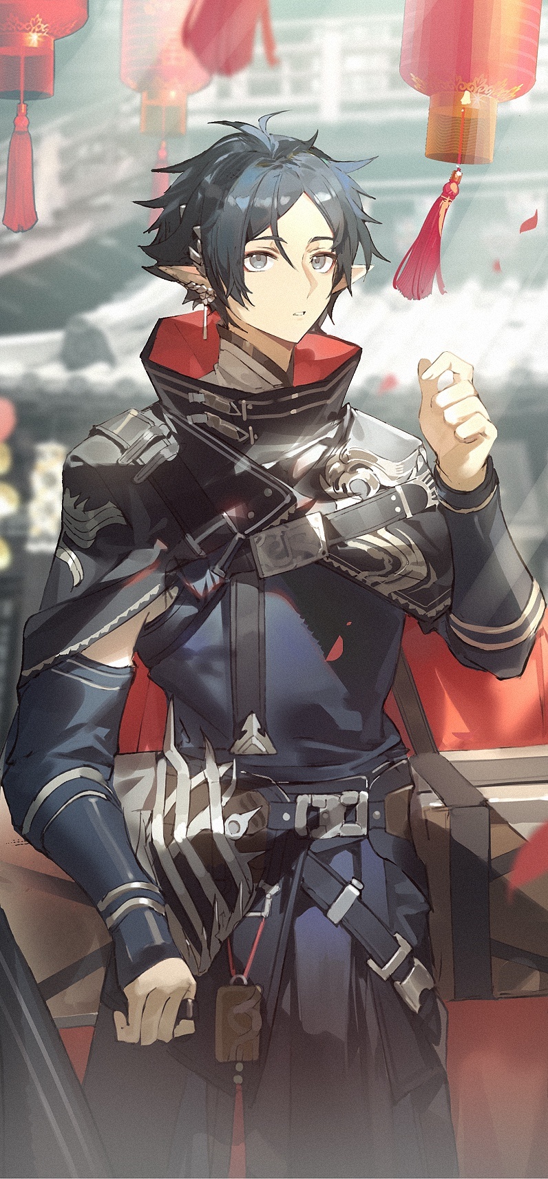 1boy, arknights, black_cape, blue_eyes, blue_hair, cape, dadijiji, earrings