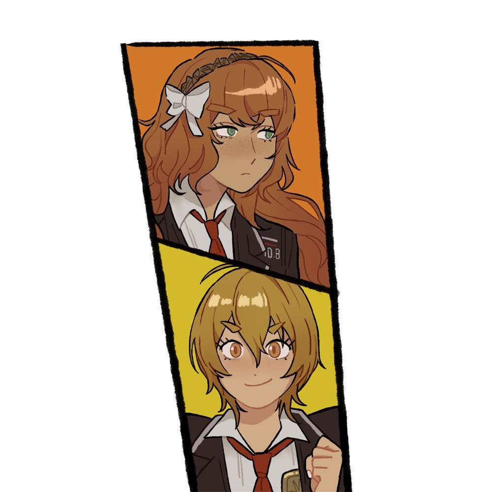 2girls, badge, ballschingu, black_coat, blonde_hair, bob_cut, bow, coat