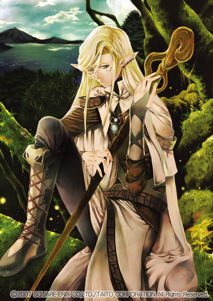 boots, cape, elf, glasses, long_hair, p-kana, pointy_ears, staff