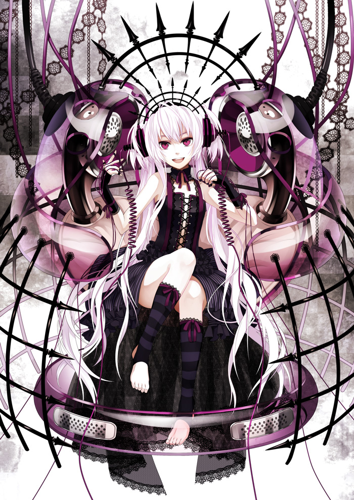 cable, corset, fingerless_gloves, gloves, headphones, long_hair, open_mouth, original