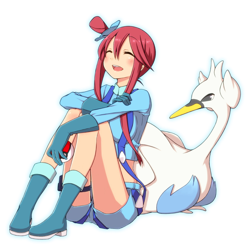 boots, breasts, chika_(orange_pop), closed_eyes, fuuro_(pokemon), gloves, highres, holding, holding_poke_ball, large_breasts, midriff, poke_ball, pokemon, pokemon_(game), pokemon_black_and_white, pokemon_bw, red_hair, redhead, short_shorts, shorts, smile, suspenders, swanna