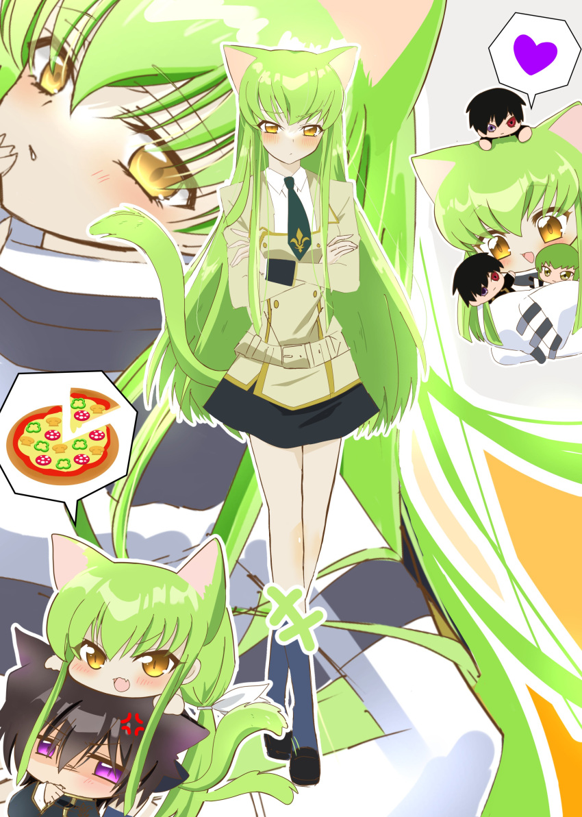 +++, 1boy, 1girl, :d, absurdres, anger_vein, angry, animal_ears, ayuko_735, black_hair, black_necktie, black_skirt, black_socks, blush, c.c., c.c._day, cat_boy, cat_ears, cat_girl, cat_tail, character_doll, chibi, closed_mouth, code_geass, collared_shirt, commentary_request, crossed_arms, food, frown, full_body, geass, green_hair, hair_between_eyes, heart, heterochromia, highres, holding, holding_stuffed_toy, kemonomimi_mode, kneehighs, lelouch_vi_britannia, long_hair, long_sleeves, looking_at_viewer, miniskirt, multiple_views, necktie, open_mouth, parted_lips, pizza, red_eyes, school_uniform, shirt, short_hair, sidelocks, skirt, slit_pupils, smile, socks, solo_focus, speech_bubble, spoken_heart, standing, straight_hair, stuffed_toy, tail, tail_raised, v-shaped_eyebrows, very_long_hair, violet_eyes, white_shirt, yellow_eyes