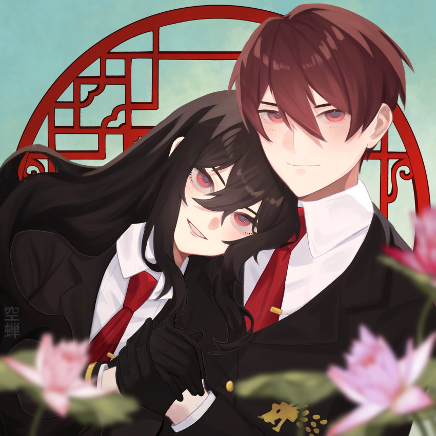 1boy, 1girl, black_gloves, black_hair, character_request, closed_mouth, collared_shirt, flower