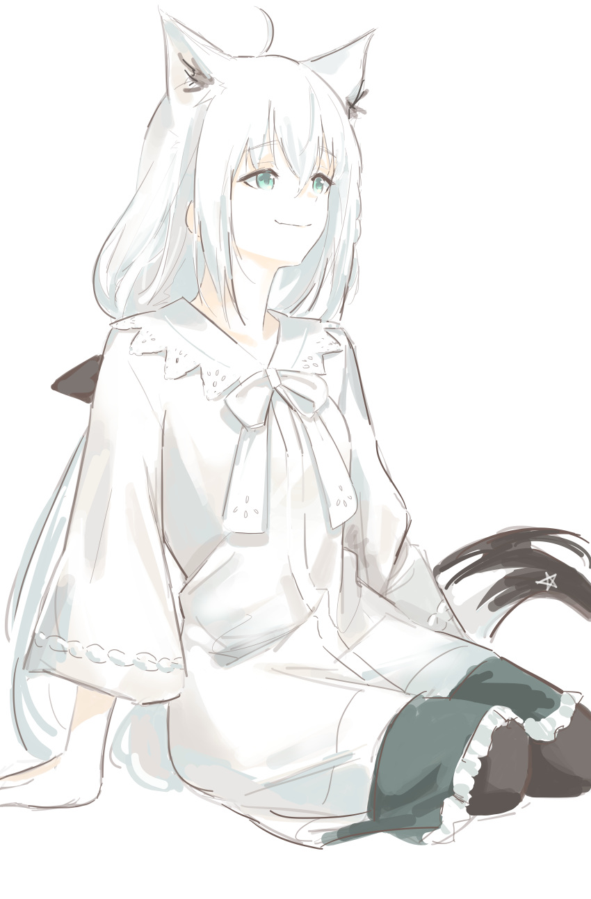 1girl, absurdres, ahoge, animal_ears, aqua_eyes, arm_support, black_bow, black_pantyhose