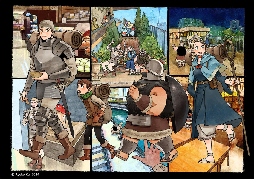 2girls, 5boys, :d, ^_^, ambrosia_(dungeon_meshi), armor, backpack, bag