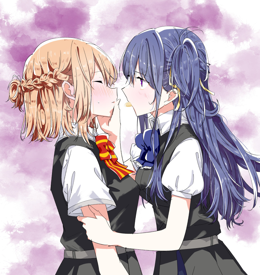 2girls, absurdres, black_dress, blue_bow, blue_bowtie, blue_hair, blush, bow, bowtie, braid, closed_eyes, collared_shirt, commentary_request, dress, enshu_suruga, finger_to_another's_mouth, food_in_mouth, french_braid, hair_ribbon, hand_on_another's_arm, hand_on_another's_face, highres, izumi_shiho, kino_himari, long_hair, looking_at_another, medium_hair, multiple_girls, one_side_up, orange_hair, parted_lips, pinafore_dress, purple_background, red_bow, red_bowtie, ribbon, sasayaku_you_ni_koi_wo_utau, school_uniform, shirt, short_sleeves, sleeveless, sleeveless_dress, sweatdrop, two-tone_background, upper_body, violet_eyes, white_background, white_shirt, yellow_ribbon, yuri