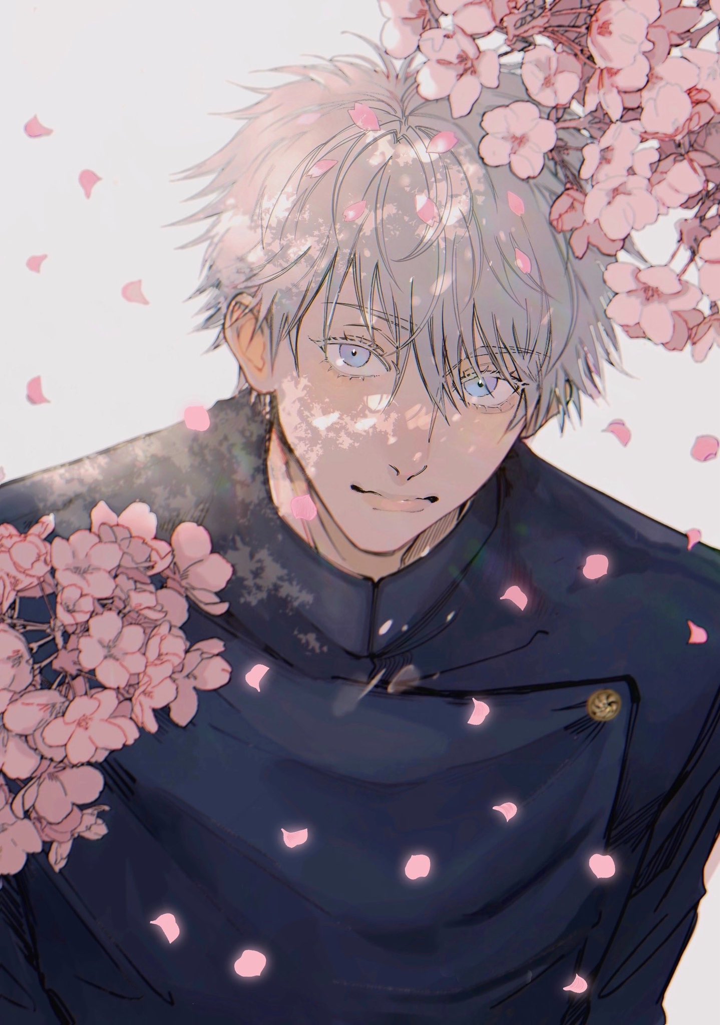 1boy, blue_eyes, cherry_blossoms, closed_mouth, expressionless, flower, gojou_satoru, hair_between_eyes