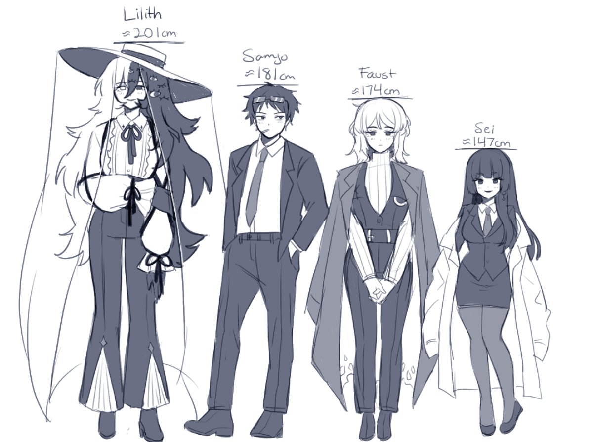 1boy, 3girls, black_hair, character_chart, faust_(project_moon), full_body, hat, height_difference