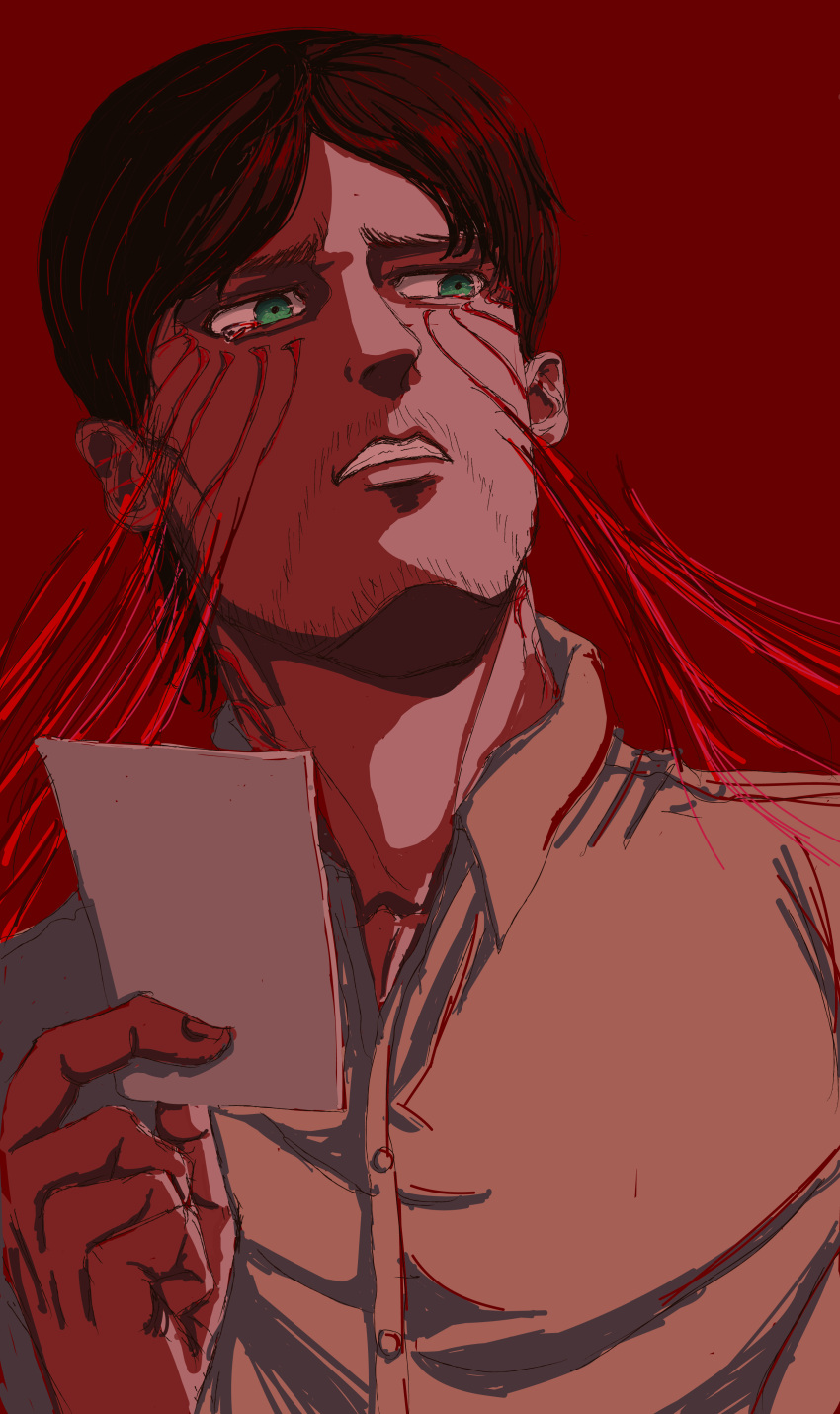 1boy, absurdres, black_hair, brown_hair, facial_hair, green_eyes, grisha_yeager, highres, huge_eyebrows, looking_back, male_focus, mimi_(61743952), mustache_stubble, parted_lips, sad, shingeki_no_kyojin, short_hair, solo, sparse_stubble, stubble
