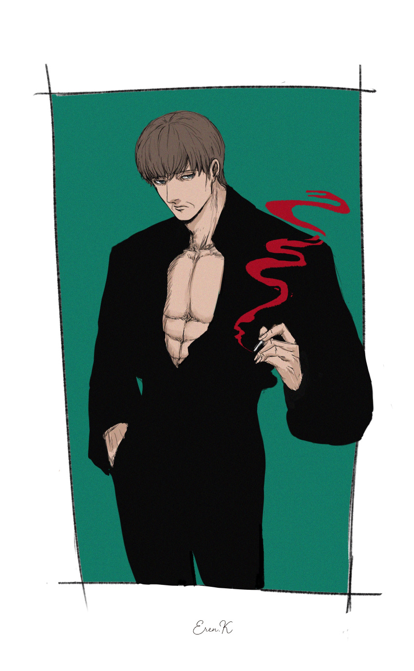 1boy, abs, absurdres, bored, bowl_cut, brown_hair, cigarette, eren_kruger