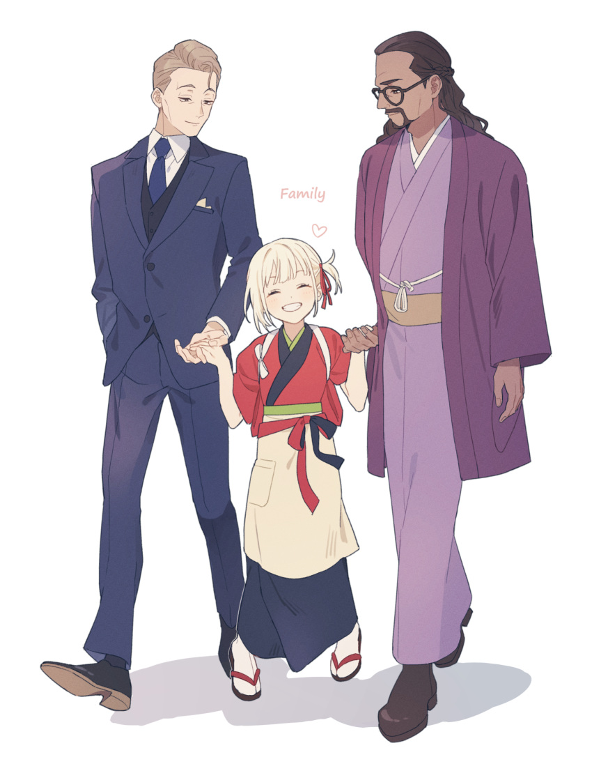 1girl, 2boys, apron, beard, black-framed_eyewear, black_footwear, blonde_hair, blue_necktie