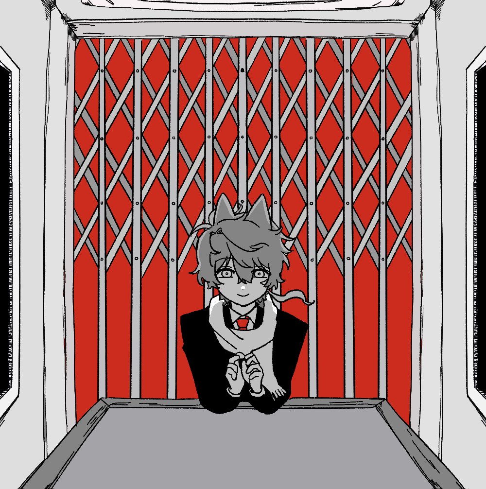 1boy, animal_ears, cat_ears, chikyuu_no_ura_(cevio), closed_mouth, elevator, greyscale, greyscale_with_colored_background