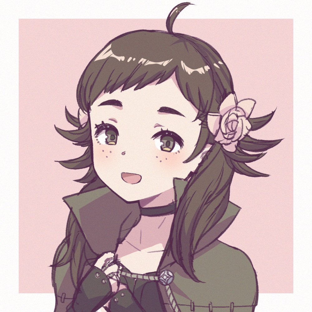 1girl, brown_eyes, brown_hair, choker, collared_cloak, fire_emblem, fire_emblem_fates, flower