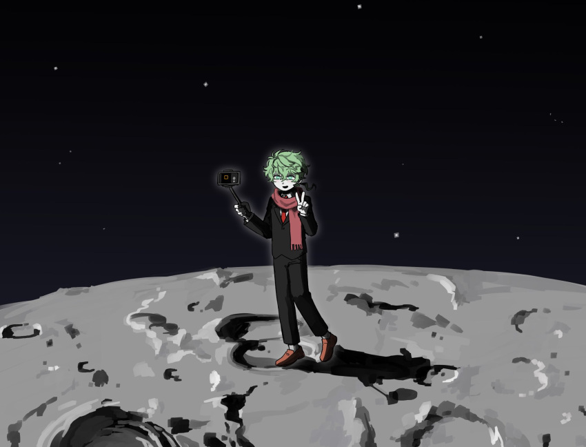 1boy, aqua_eyes, black_jacket, black_pants, brown_footwear, cellphone, green_hair, hand_up
