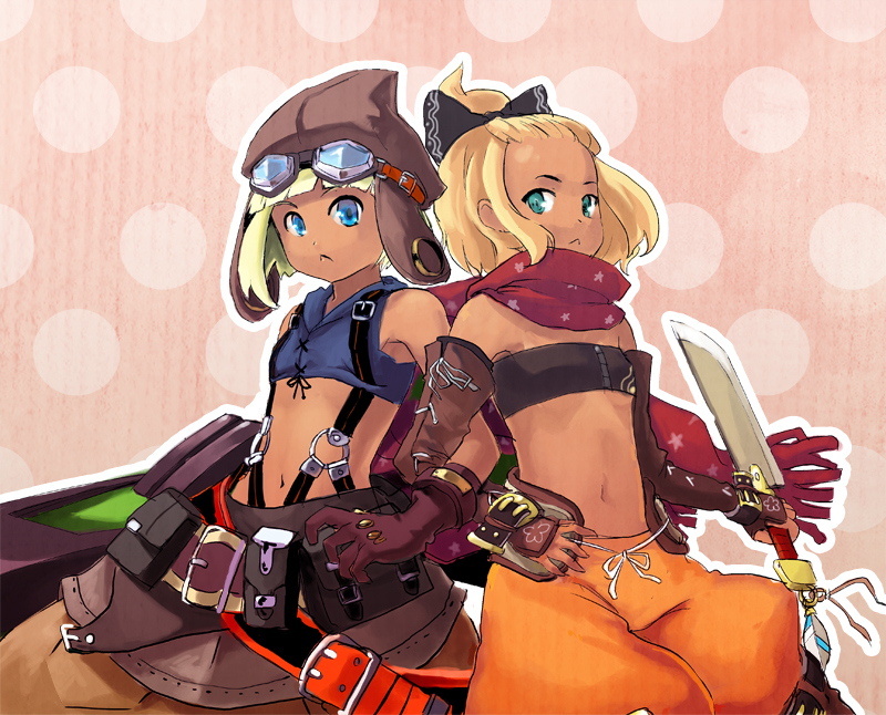 ballista_(sekaiju), belt, blade, blonde_hair, bloodlink, blue_eyes, boots, bow, buckle, crop_top, dagger, dark_skin, fingerless_gloves, flat_chest, forehead, gloggles, gloves, goggles, goggles_on_head, gun, hair_bow, hat, high_ponytail, midriff, navel, rogue_(7th_dragon), scarf, sekaiju_no_meikyuu, sekaiju_no_meikyuu_3, short_hair, tan, thigh-highs, thigh_boots, thighhighs, weapon