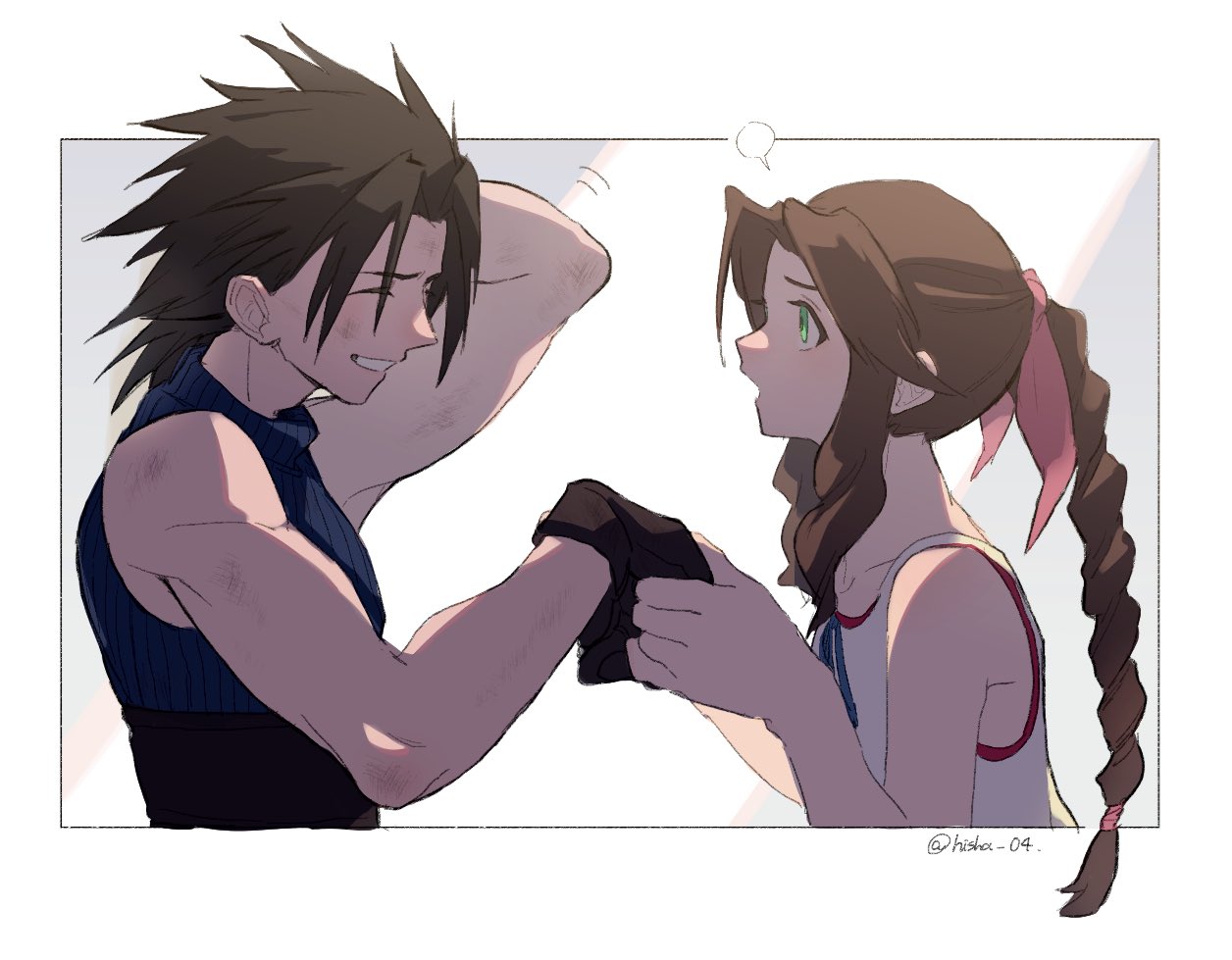 1boy, 1girl, aerith_gainsborough, arm_behind_back, black_gloves, black_hair, braid, braided_ponytail, brown_hair, collarbone, embarrassed, final_fantasy, final_fantasy_vii, from_side, gloves, green_eyes, looking_at_another, shirt, sleeveless, sleeveless_shirt, twitter_username, upper_body, vani_(hisha_04), zack_fair