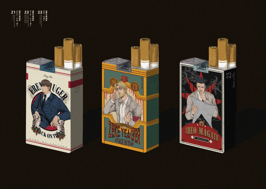 3boys, bird, blonde_hair, bowl_cut, brown_hair, character_print, cigarette, cigarette_pack