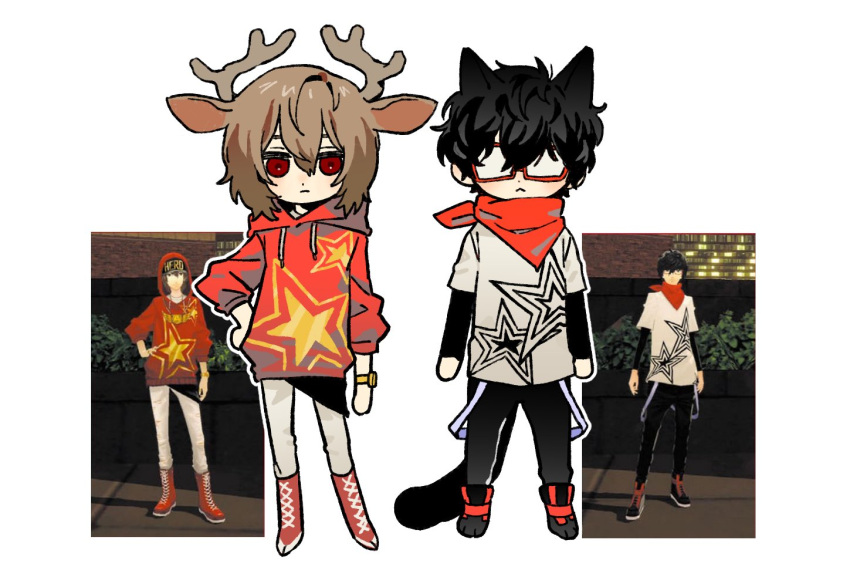 2boys, akechi_gorou, amamiya_ren, animal_ears, antlers, bandana, black_hair, black_pants