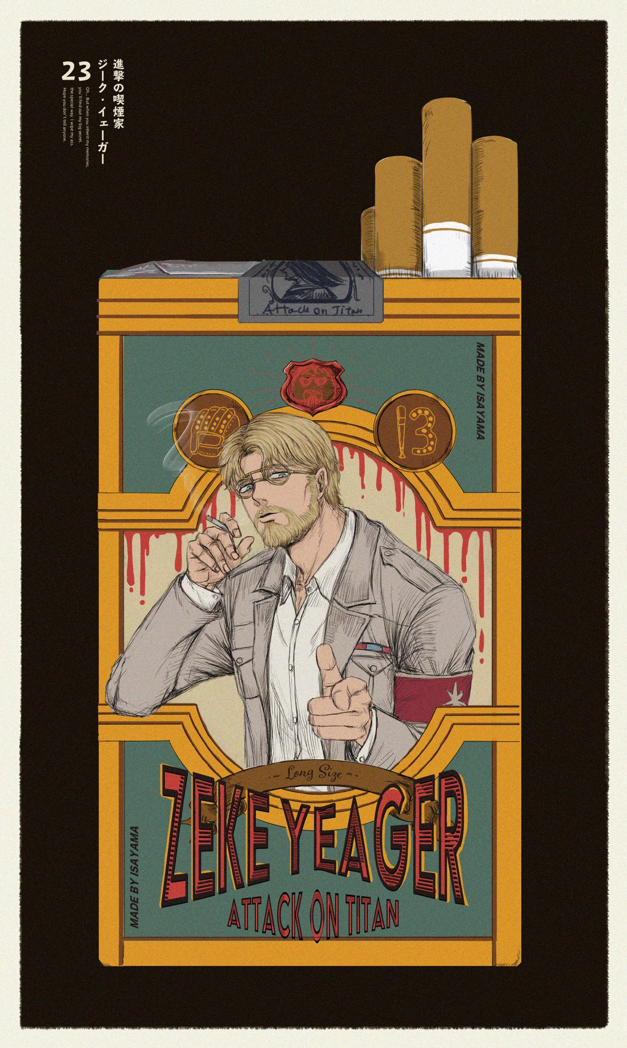 1boy, blonde_hair, character_print, cigarette, cigarette_pack, cropped_torso, glasses, highres