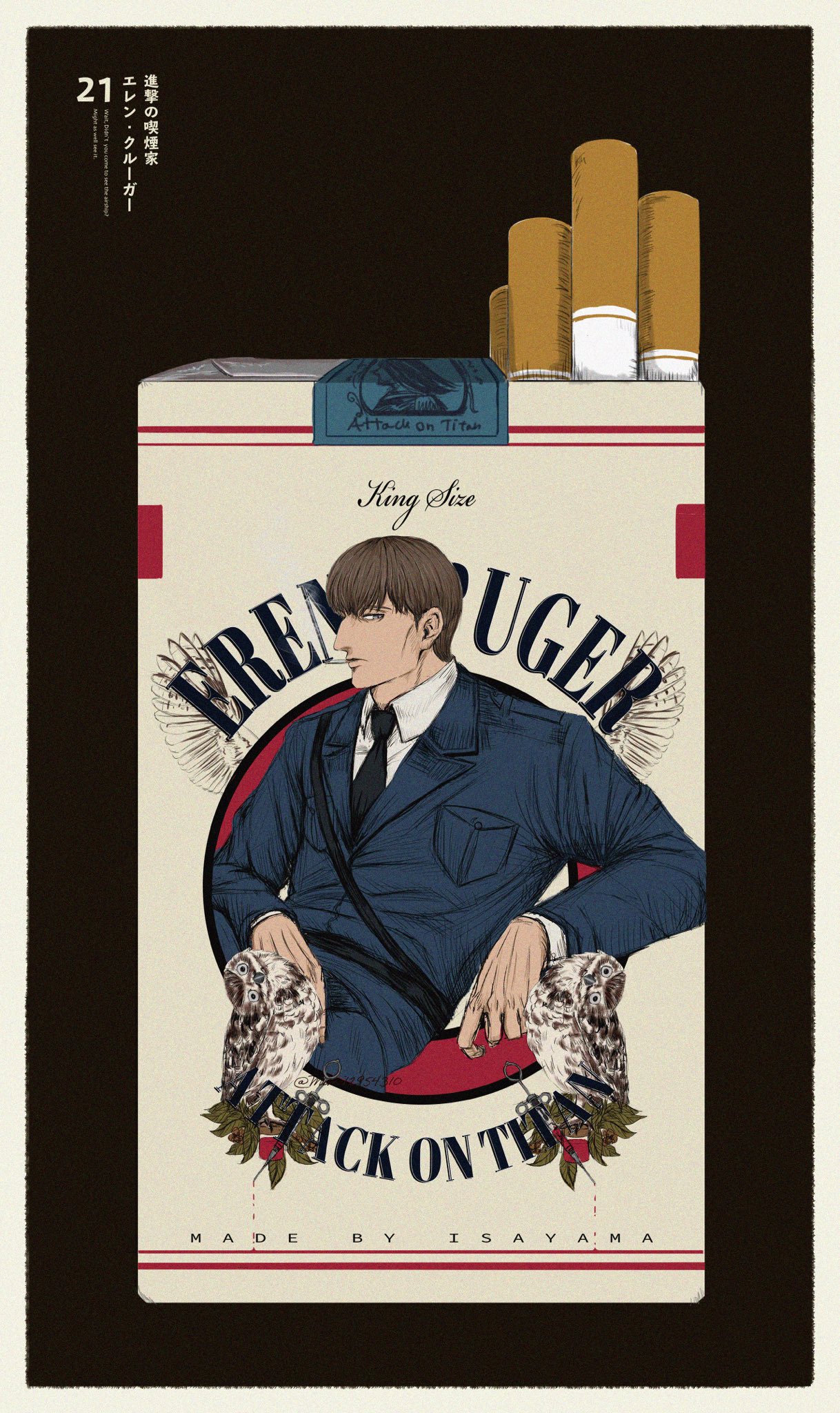 1boy, bird, bowl_cut, brown_hair, character_print, cigarette_pack, cropped_torso, eren_kruger