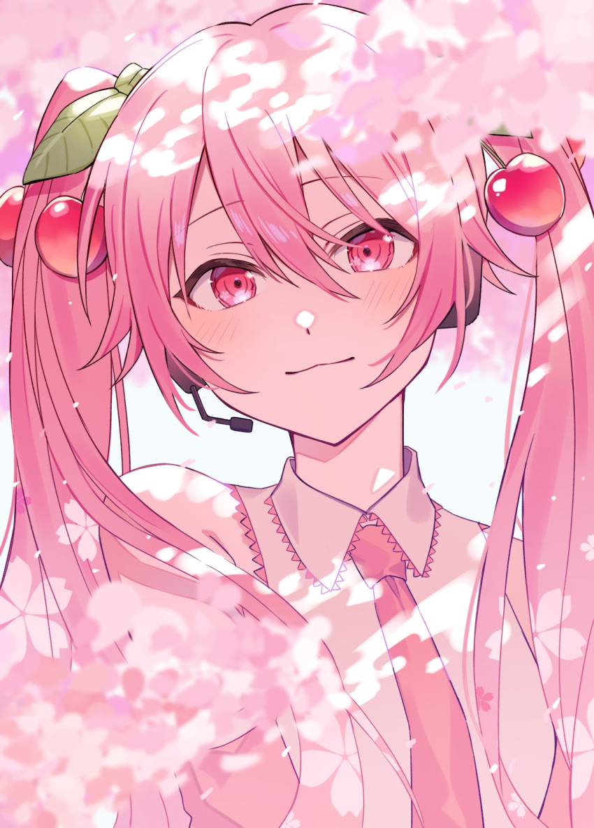 1girl, :3, blush, cherry_blossoms, cherry_hair_ornament, collared_shirt, food-themed_hair_ornament, hair_ornament