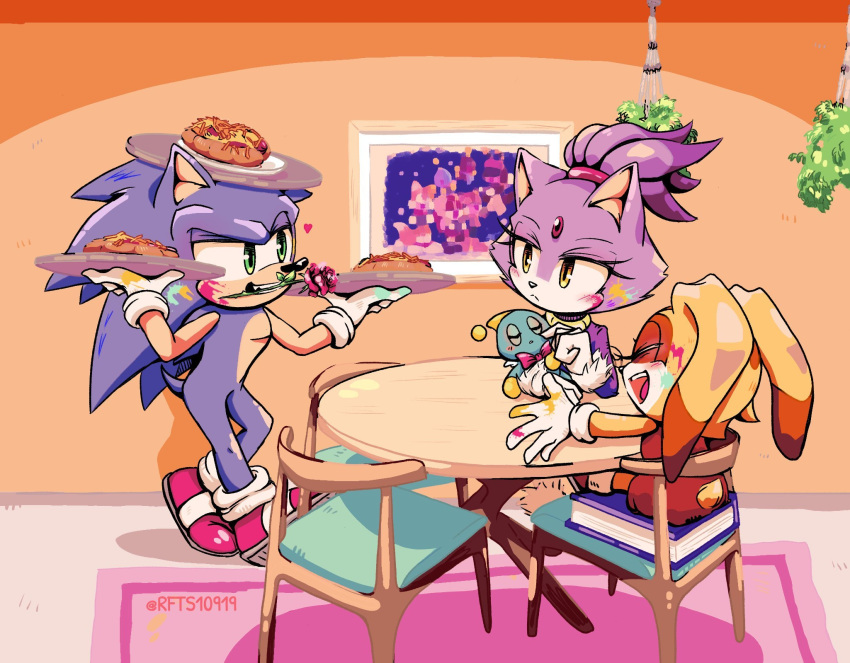 1boy, 2girls, animal_ears, blaze_the_cat, blue_fur, cat_ears, cat_girl, chair, charmy_bee, cheese_(sonic), chili_dog, chocola_(sonic), closed_eyes, cream_the_rabbit, flower, food, forehead_jewel, furry, furry_female, gloves, green_eyes, highres, holding, holding_tray, marine_the_raccoon, multiple_girls, on_chair, open_mouth, paint_on_body, ponytail, purple_fur, rabbit_ears, rabbit_girl, rabbit_tail, rfts10919, rose, sitting_on_book, smile, sonic_(series), sonic_the_hedgehog, table, tail, tails_(sonic), tray, white_gloves, yellow_eyes