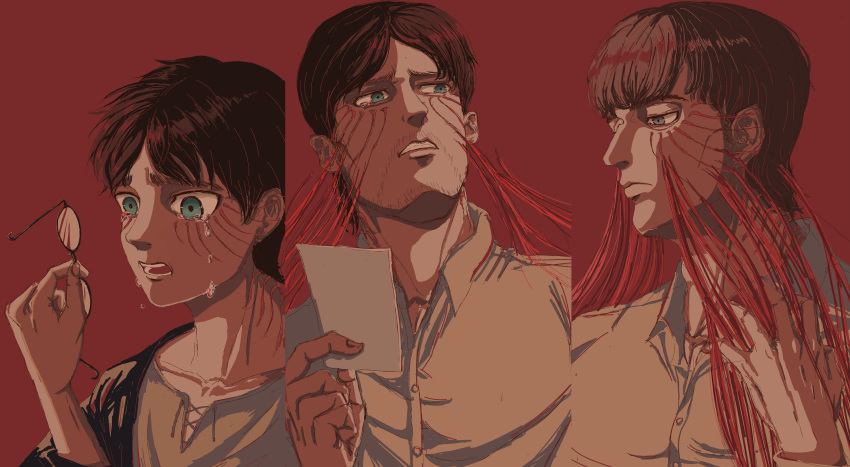 3boys, absurdres, black_hair, bowl_cut, brown_hair, collared_shirt, crying, derivative_work