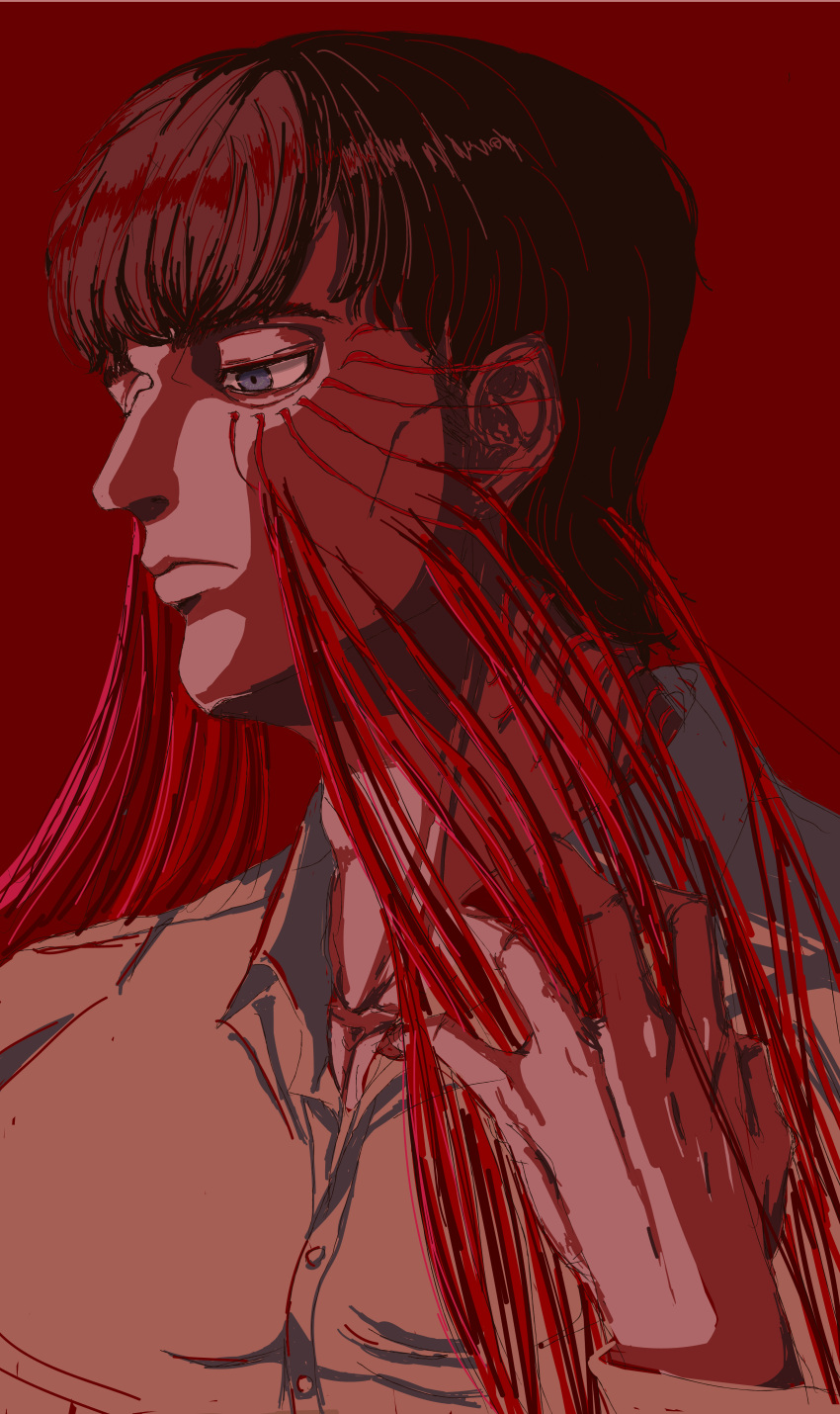 1boy, absurdres, bowl_cut, brown_hair, collared_shirt, empty_eyes, eren_kruger, expressionless