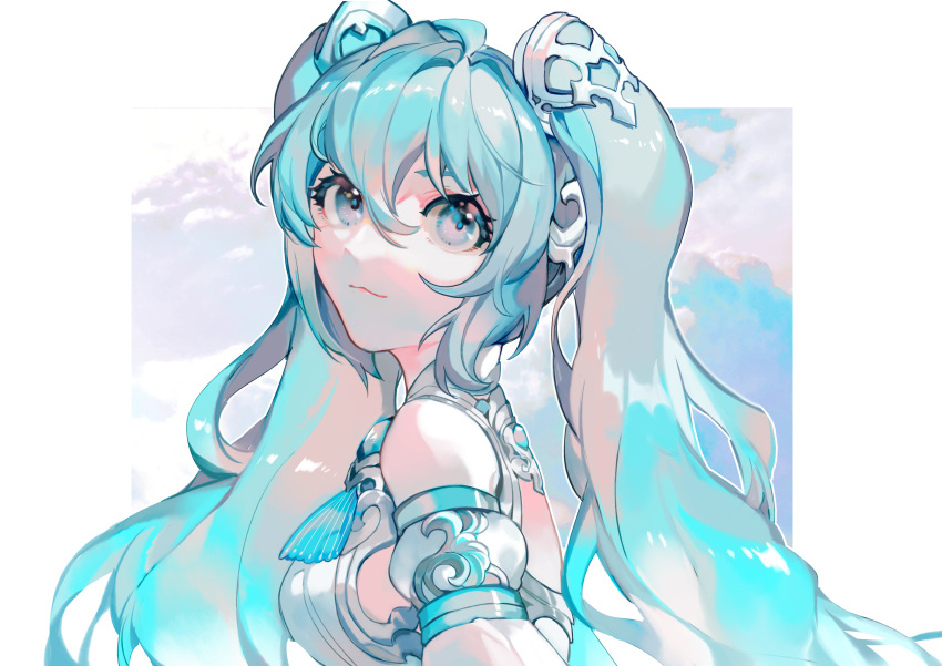 1girl, :3, absurdly_long_hair, absurdres, ahoge, aqua_eyes, aqua_hair, back, blue_eyes, blue_hair, border, breasts, closed_mouth, clouds, cloudy_sky, commentary, day, detached_sleeves, dress, english_commentary, from_side, hair_between_eyes, hair_ornament, hatsune_miku, head_tilt, heichuan_mocha_naigaita, highres, long_hair, looking_at_viewer, medium_breasts, puffy_sleeves, sidelocks, sky, sleeveless, sleeveless_dress, smile, solo, swept_bangs, twintails, very_long_hair, vocaloid, white_border, white_dress