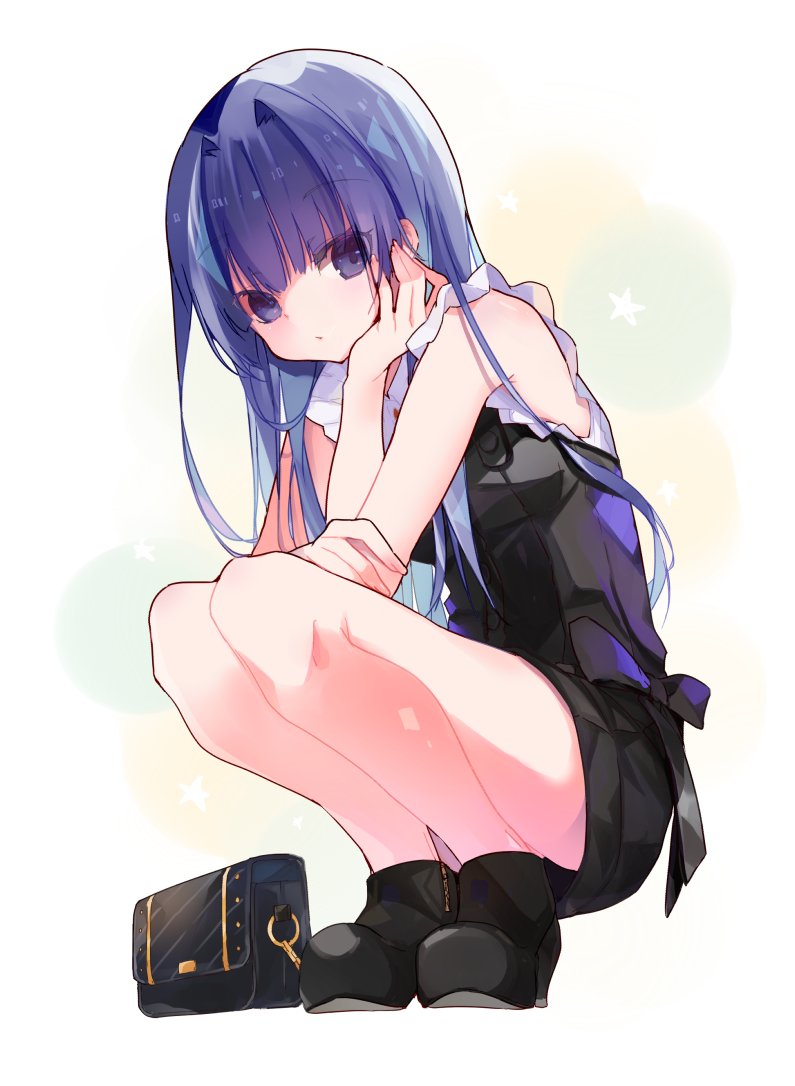 1girl, bag, bare_legs, black_footwear, black_shirt, black_shorts, blue_eyes, blue_hair