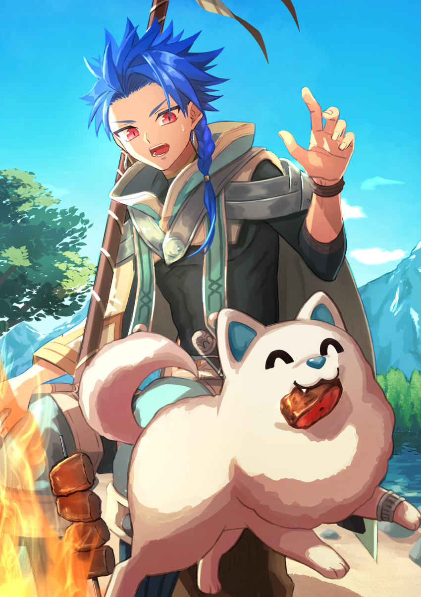 1boy, absurdres, animal, blue_hair, bodysuit, bodysuit_under_clothes, bracelet, braid