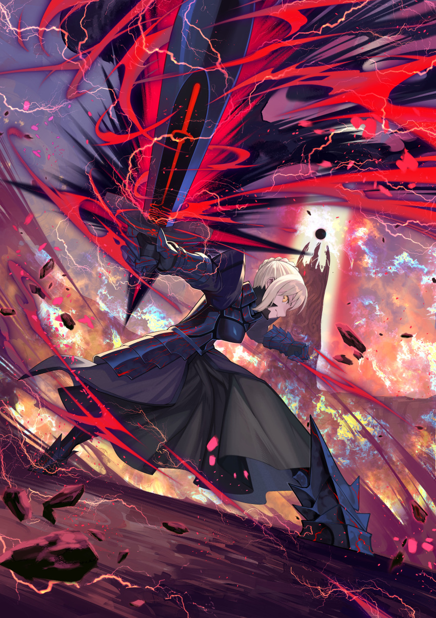 1girl, absurdres, armor, armored_dress, artoria_pendragon_(fate), black_armor, black_dress, blonde_hair