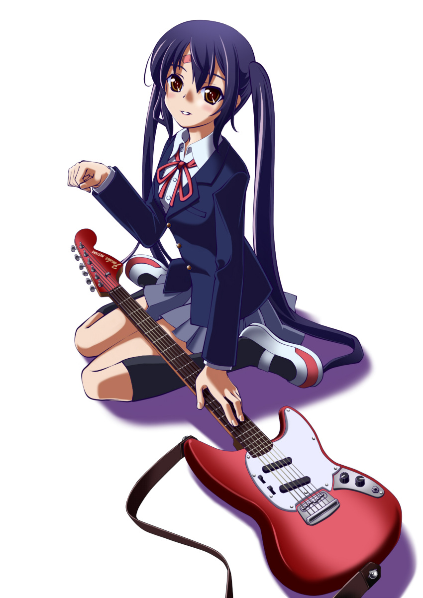 black_hair, brown_eyes, guitar, highres, instrument, juuya_(kisaragi18), k-on!, kneeling