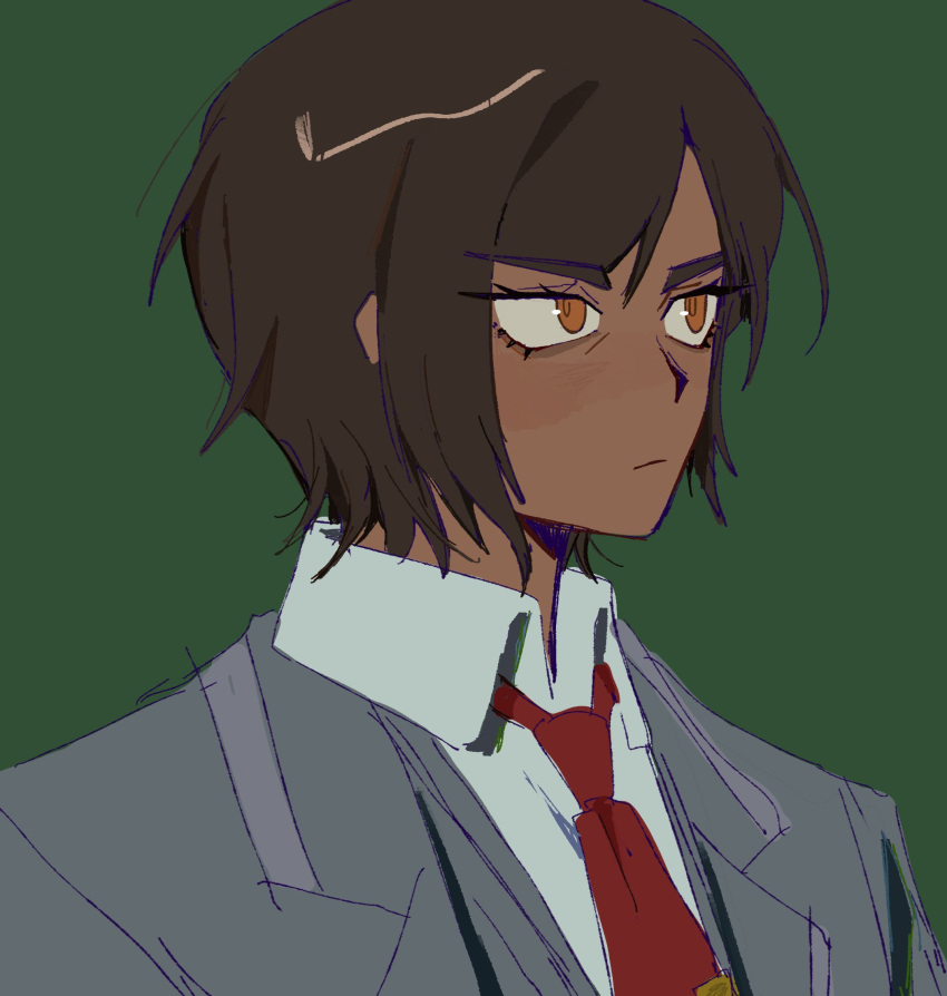 1girl, black_coat, black_vest, brown_eyes, brown_hair, closed_mouth, coat, collared_shirt, dark-skinned_female, dark_skin, green_background, highres, limbus_company, looking_to_the_side, official_art, outis_(project_moon), portrait, project_moon, shirt, short_hair, simple_background, solo, tie_clip, vellmori, vest, white_shirt, wing_collar